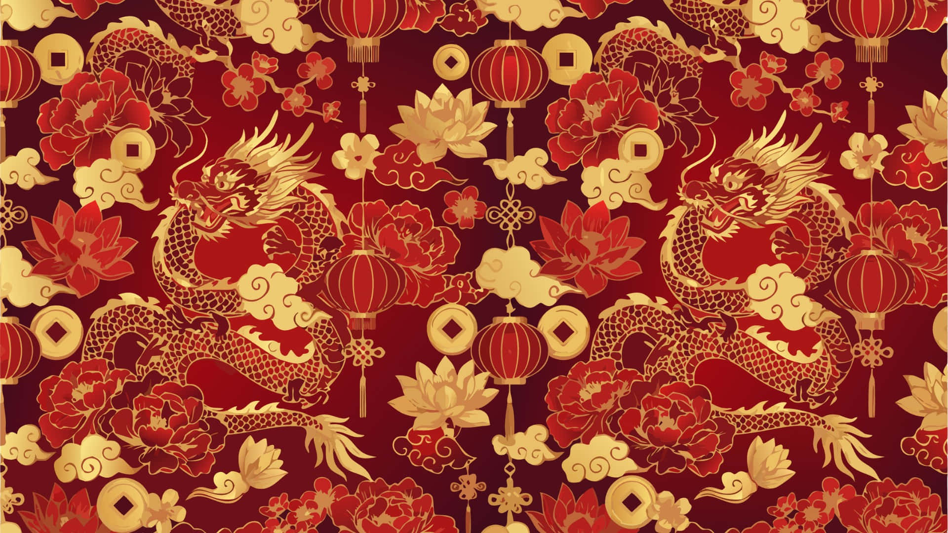  壁紙 — 鮮豔的紅金色牆紙圖案，包含龍、蓮花、燈籠和硬幣，採用傳統中國設計。