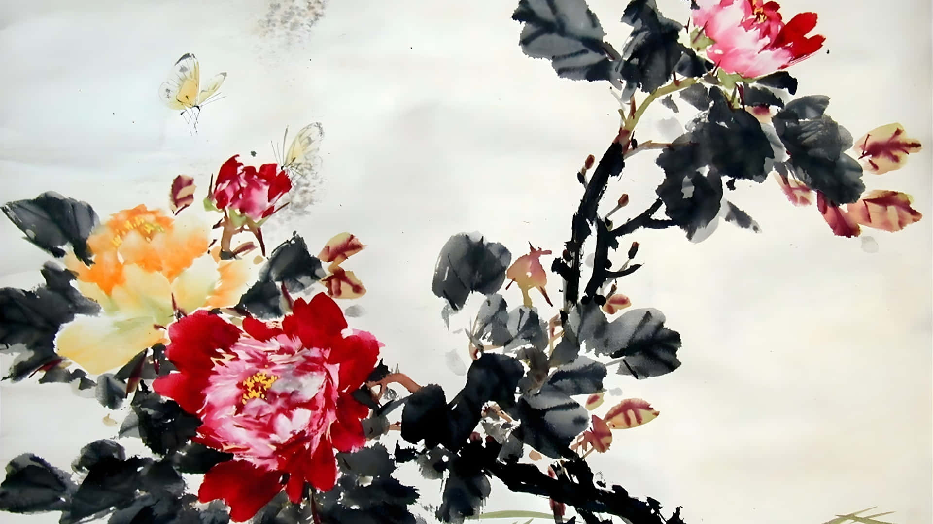  壁紙 — 鮮豔的紅色和橙色花朵，搭配深色葉子和翩翩起舞的蝴蝶，採用傳統水墨風格。