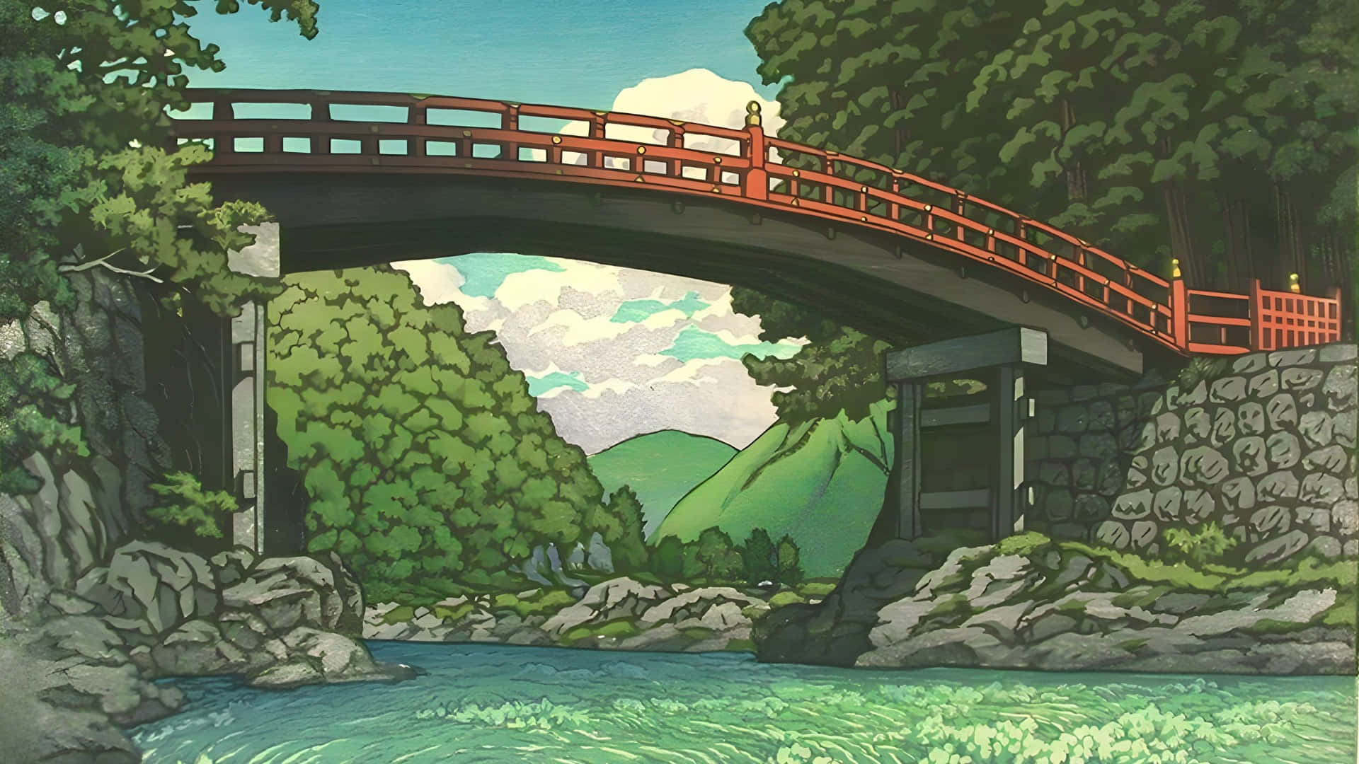  壁紙 — 一座充滿活力的紅色拱橋橫跨清澈的河流，穿過茂密的綠色森林，上方是明亮的藍天和蓬鬆的白雲。