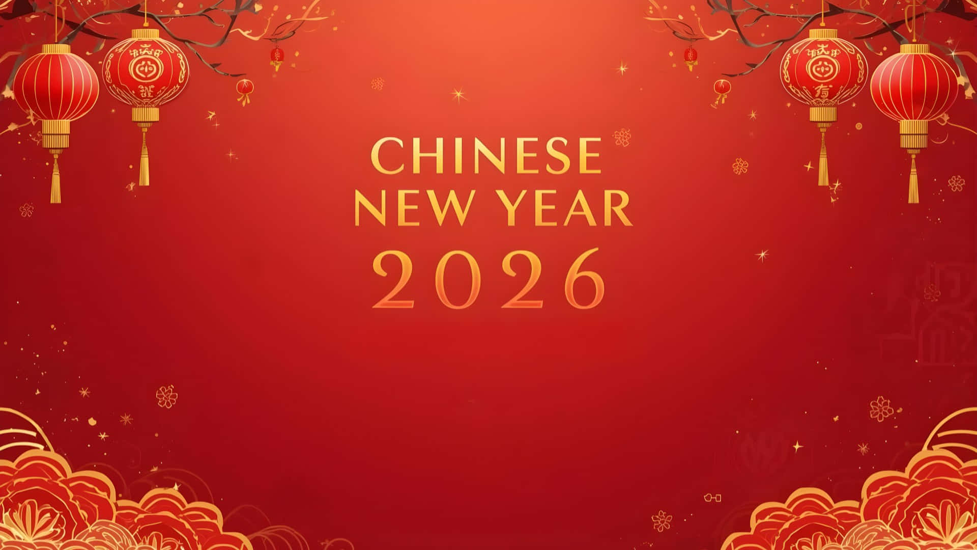  壁紙 — 充滿活力的紅色背景，飾有金色中國燈籠和花卉圖案，慶祝2026年農曆新年。