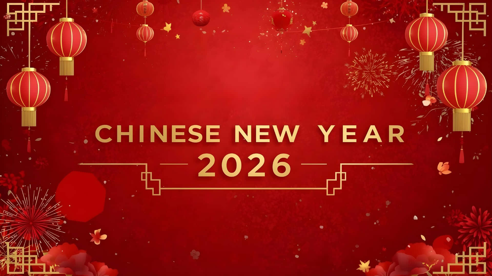  壁紙 — 鮮豔的紅色背景，裝飾著掛燈籠、煙花和金色的2026年農曆新年文字。