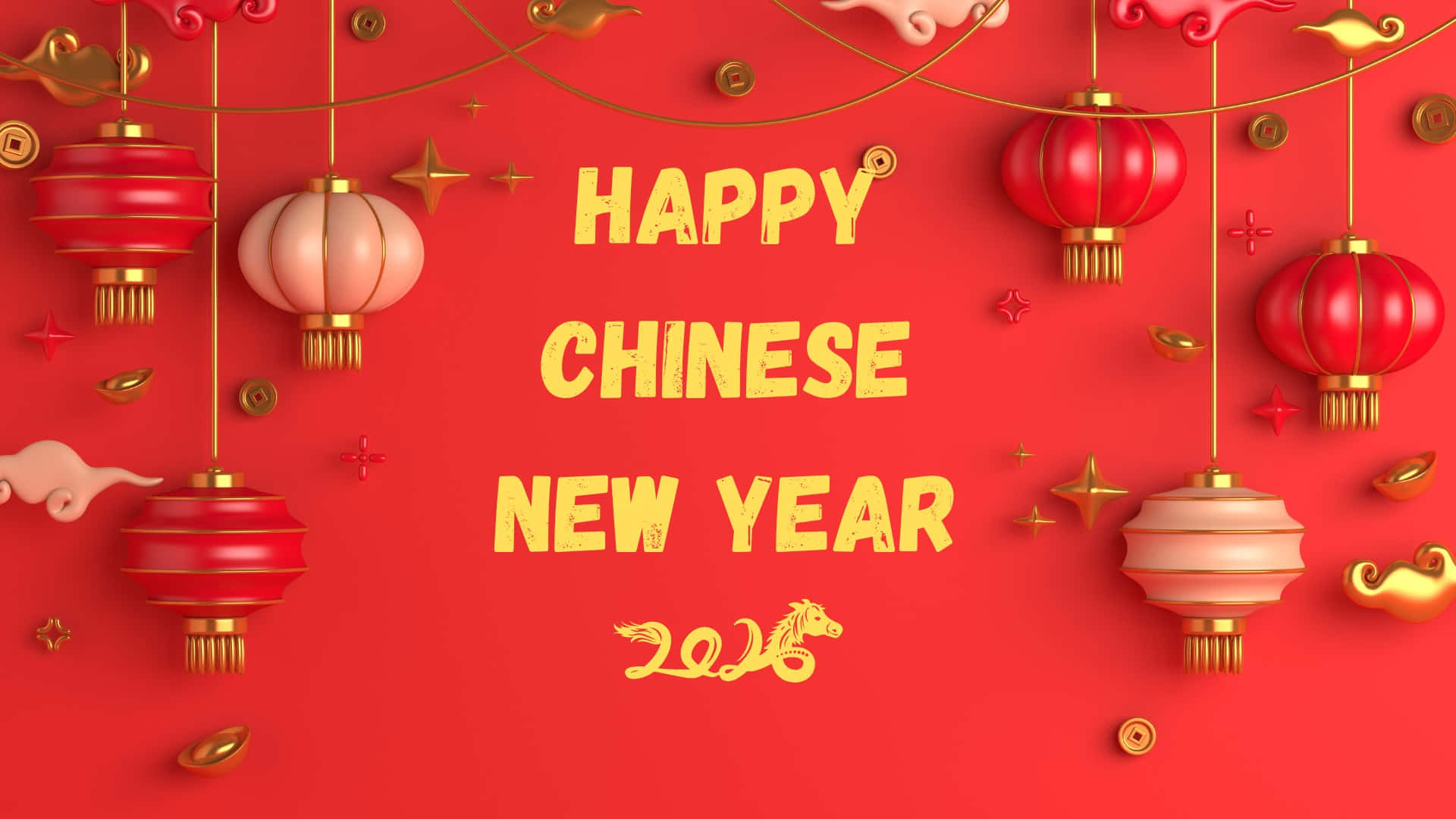  壁紙 — 鮮豔的紅色背景，裝飾著掛燈籠、金幣和慶祝2020年春節的節日文字。