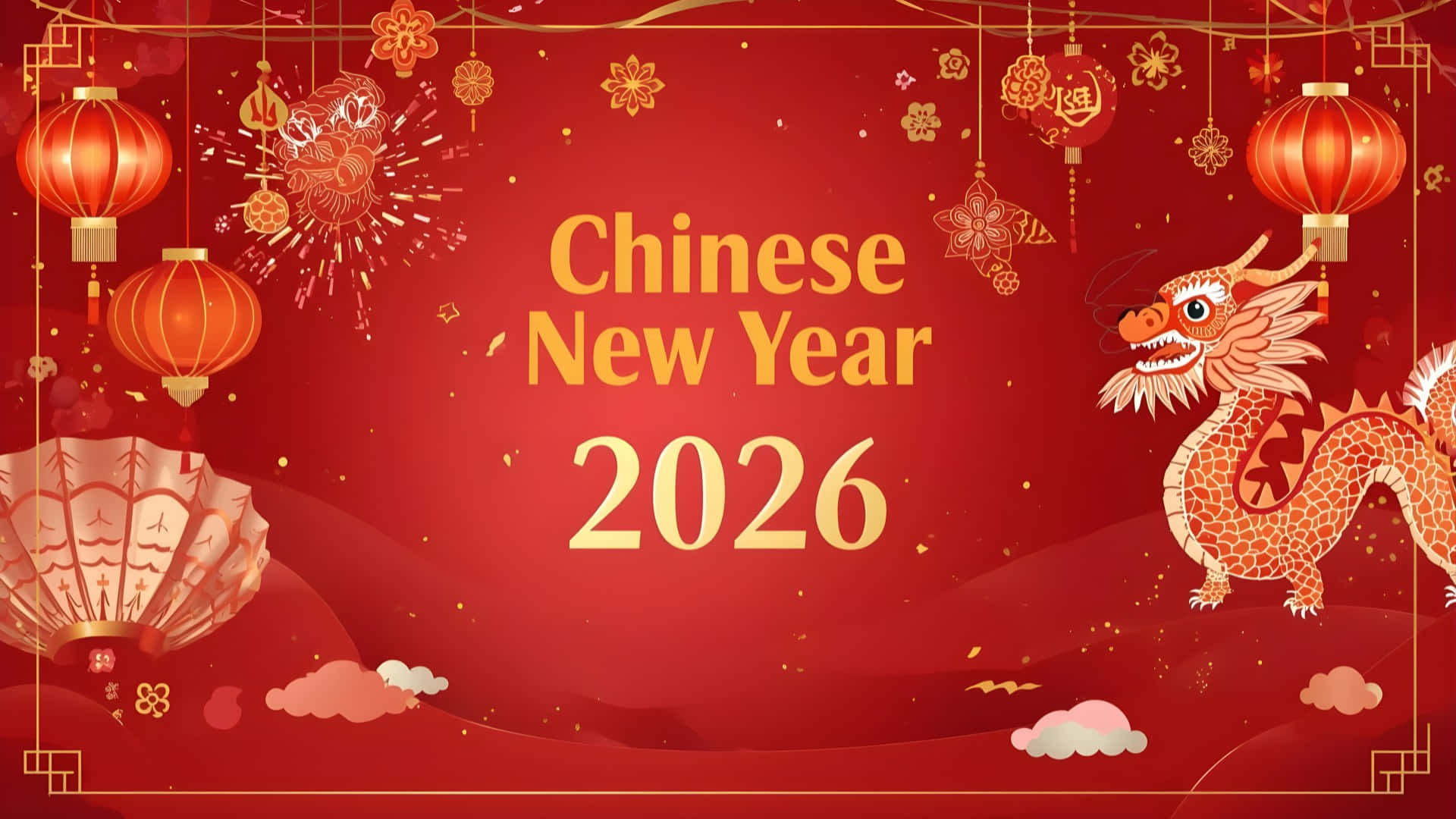 壁紙 — 充滿活力的紅色農曆新年2026年牆紙，以金色龍、燈籠和節日裝飾為特色，背景為濃郁的紅色。