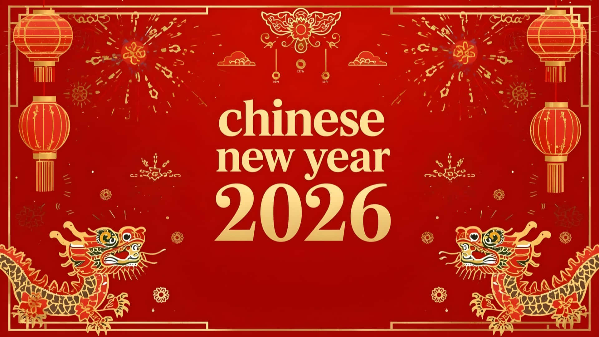  壁紙 — 鮮紅色中國農曆新年2026年牆紙，飾有金色龍、燈籠和煙花，採用華麗節日設計。