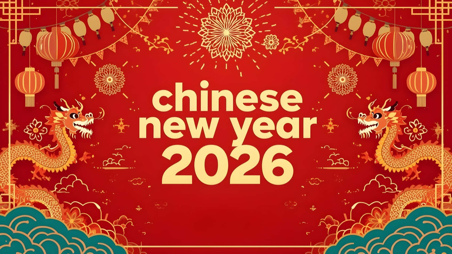  壁紙 — 充滿活力的紅色2026年中國新年壁紙，特色金色龍燈籠和節日圖案。