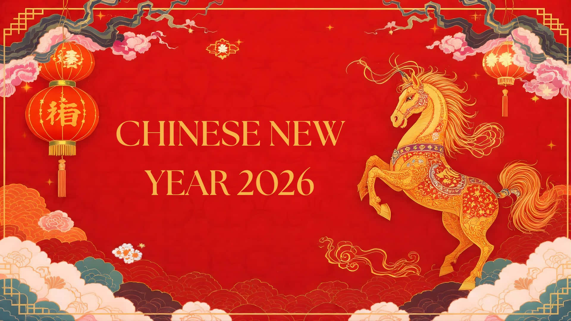  壁紙 — 一幅充滿活力的紅色2026年中國新年壁紙，上面有一匹飾有精緻圖案的金馬，周圍環繞著燈籠和風格化的雲朵。