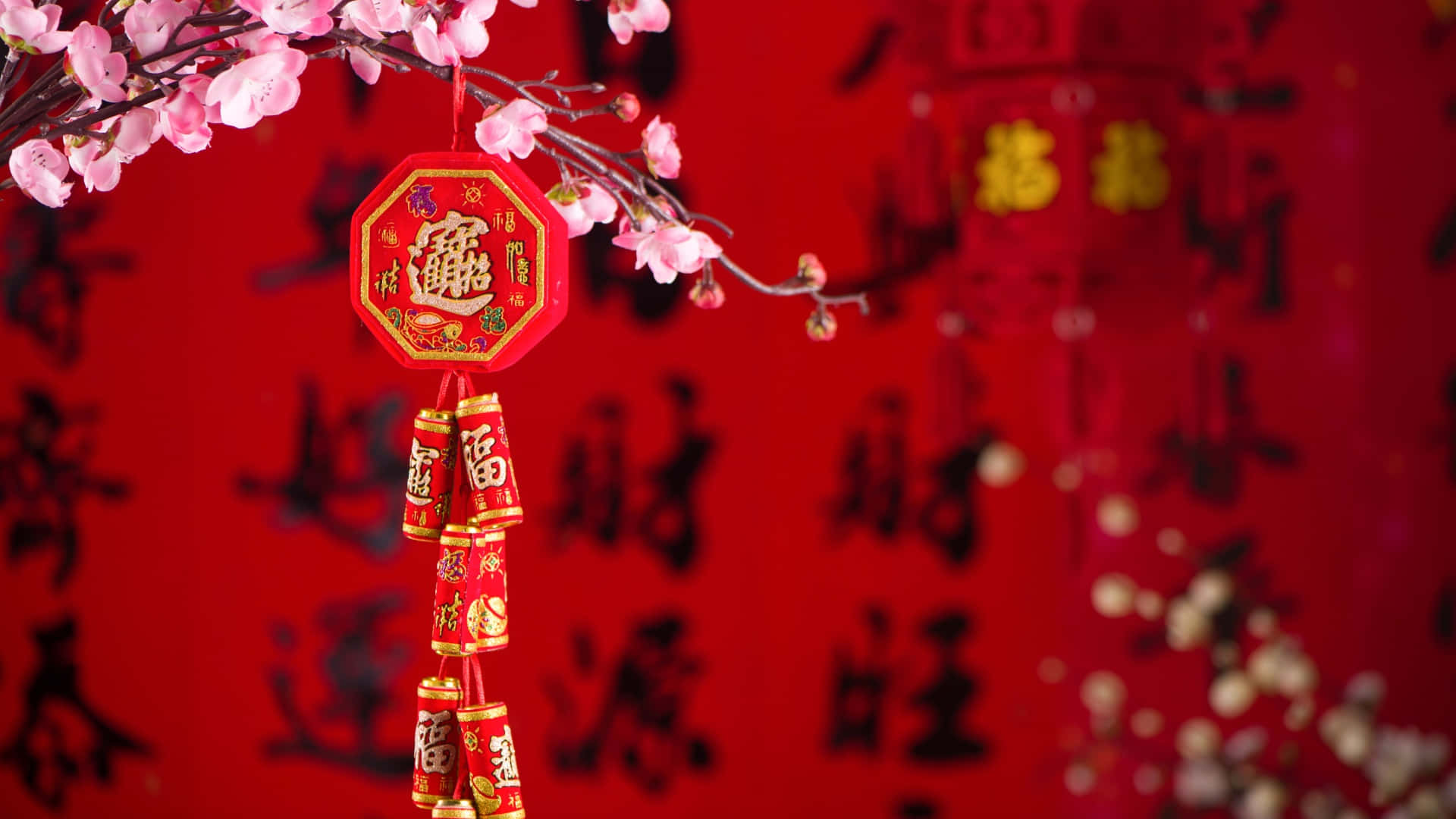  壁紙 — 鮮豔的紅色中國新年裝飾，帶有金色字體和粉紅色的櫻花，襯托在喜慶的紅色背景上。