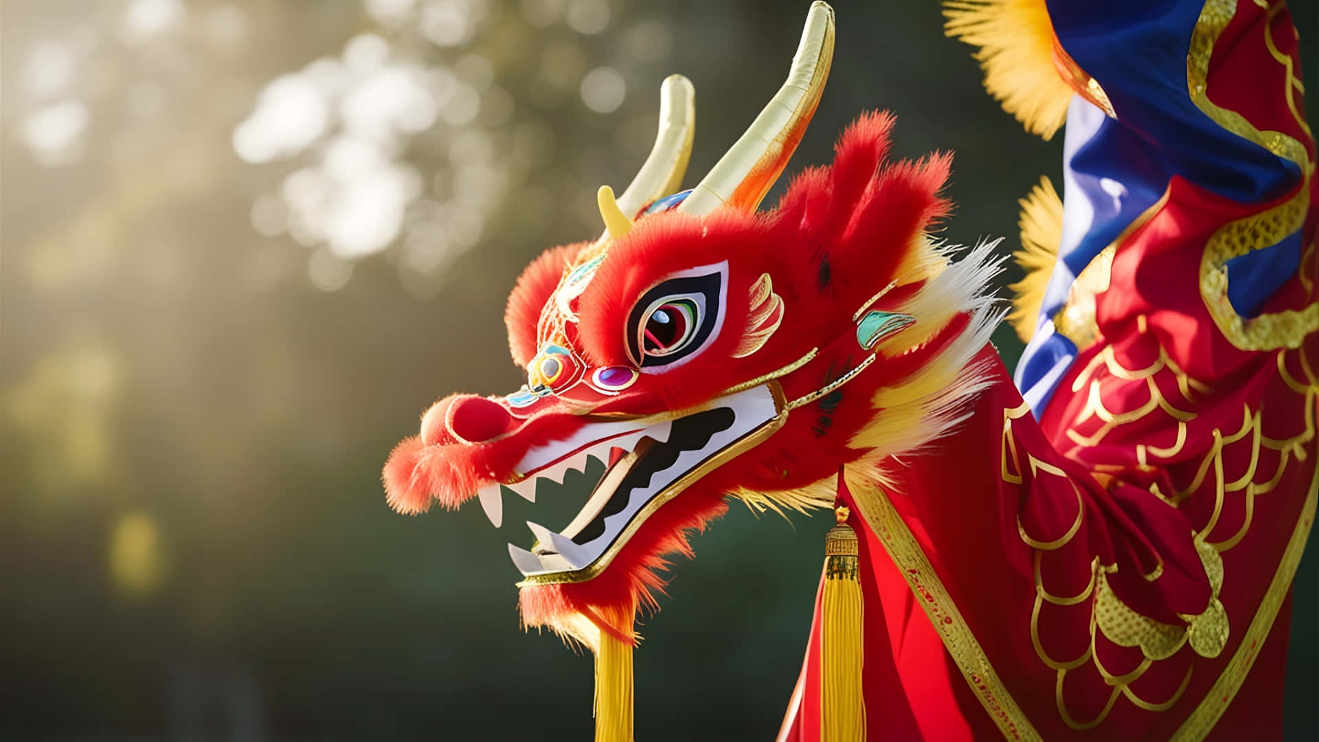  壁紙 — 一個鮮紅色的舞龍戲服頭部，帶有金色角和精緻刺繡，在柔和陽光下閃耀。