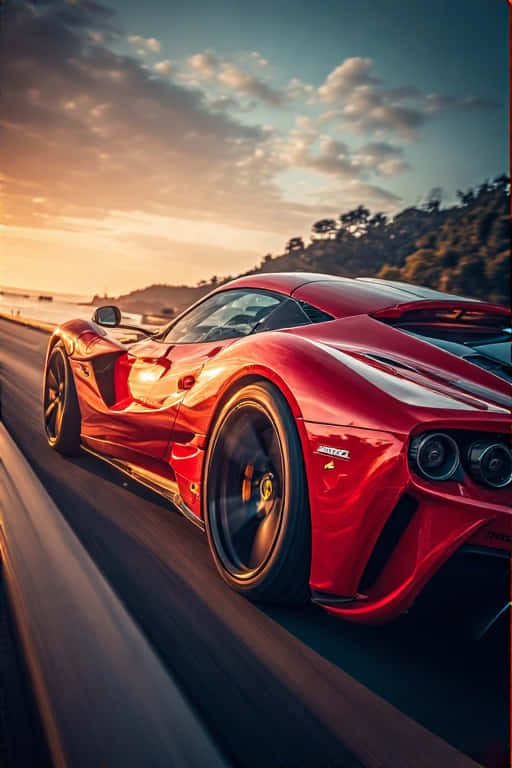 紅色法拉利 SF90 Stradale 在金色日落時分於海岸公路上飛馳