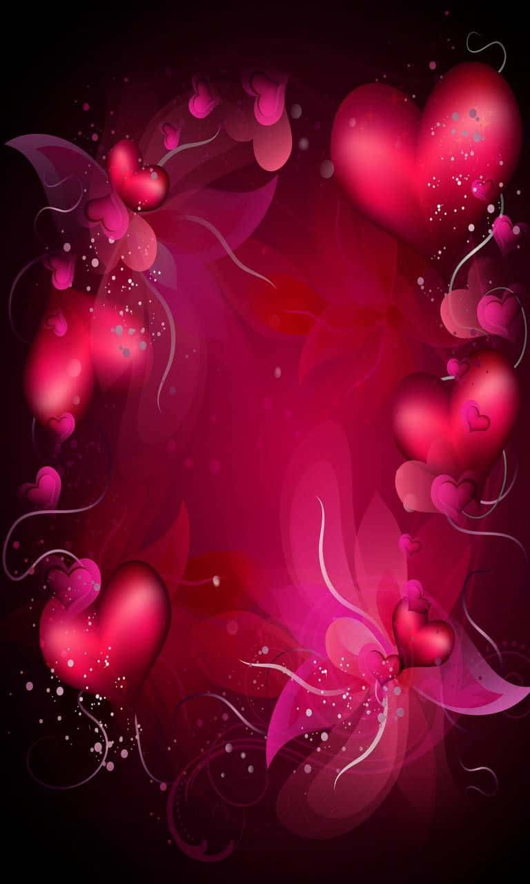  壁紙 — 鮮豔的紅色心形在深洋紅色漸變背景上，與發光的粒子和飄動的絲帶一起旋轉。