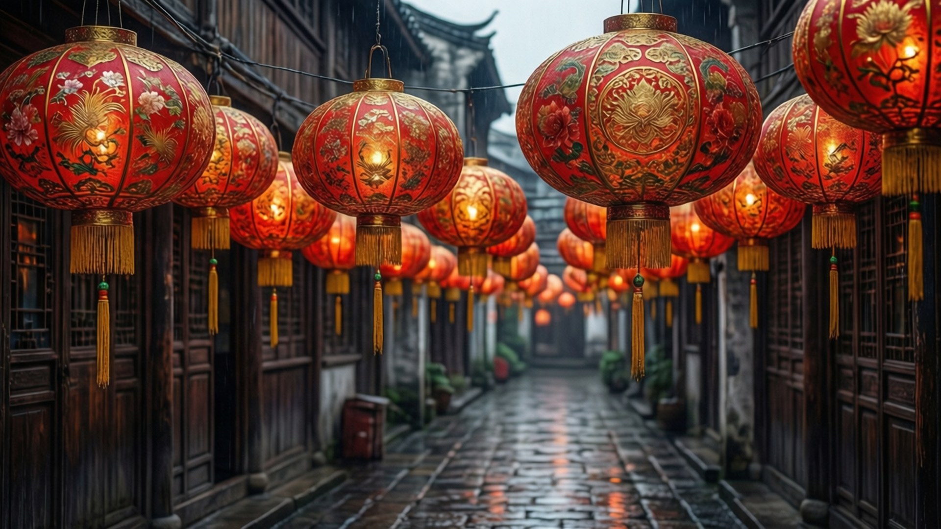 Lantern Festival 桌布 壁紙 — 鮮豔的紅色燈籠帶有金色花卉圖案，在濕漉漉的石板小巷中溫暖地發光，兩旁是傳統木建築。