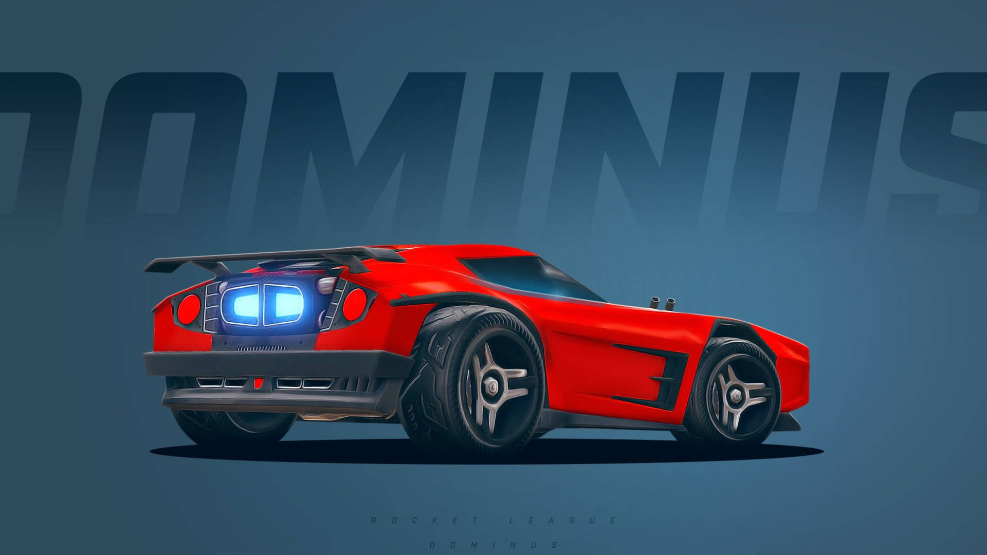 紅色Rocket League Dominus賽車，在藍色漸變背景上帶有發光的藍色燈光。