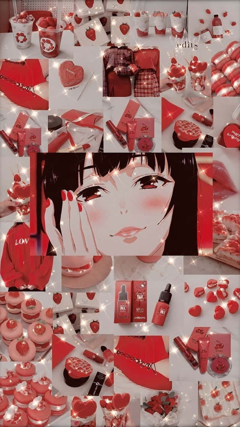  壁紙 — 一個充滿活力的紅色主題拼貼畫， featuring 動漫女孩、心形糖果、唇彩和草莓圖案，配以閃爍燈光。