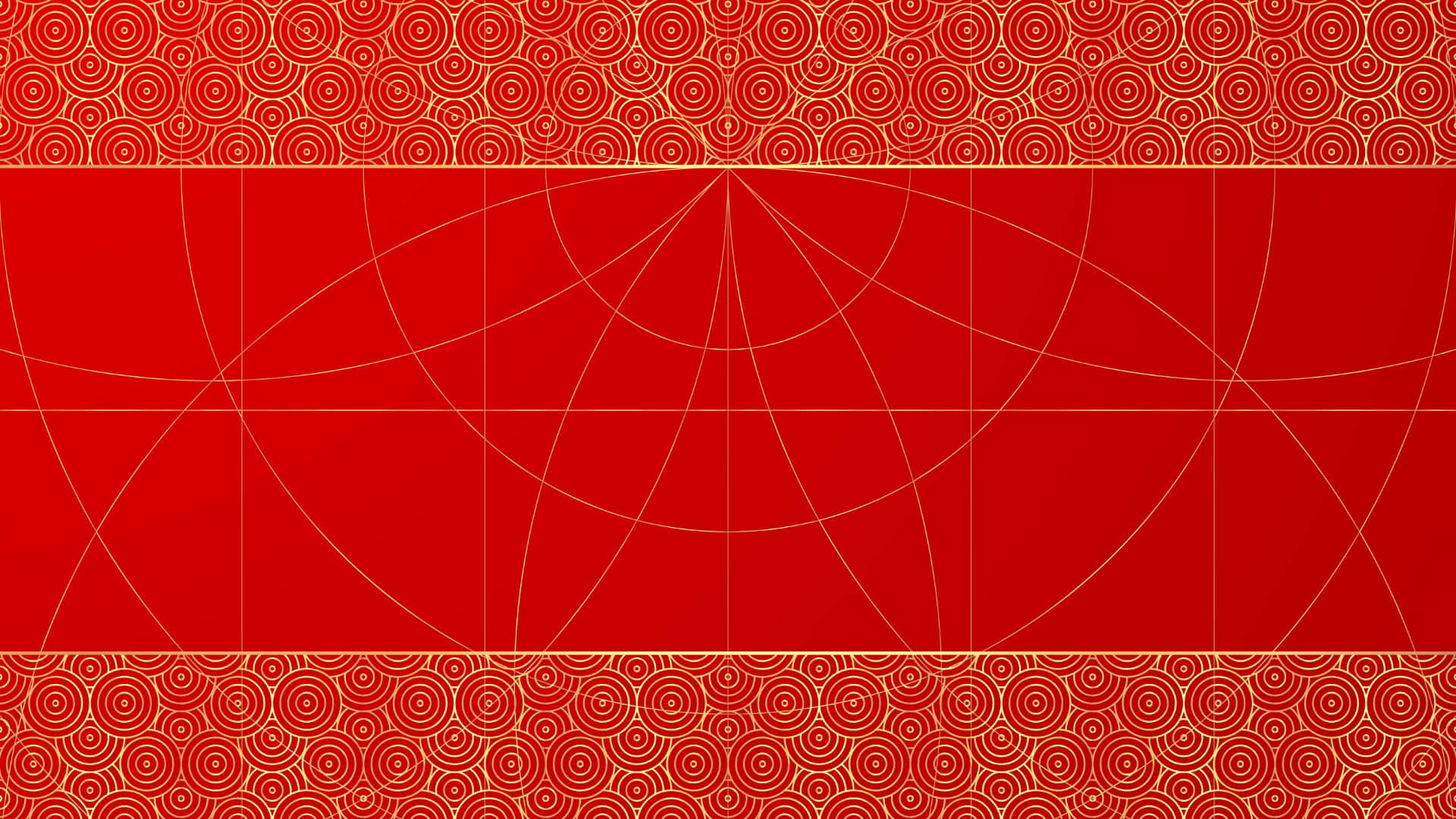  壁紙 — 鮮豔的紅色牆紙，帶有金色幾何線條和邊框上重複的圓形圖案。