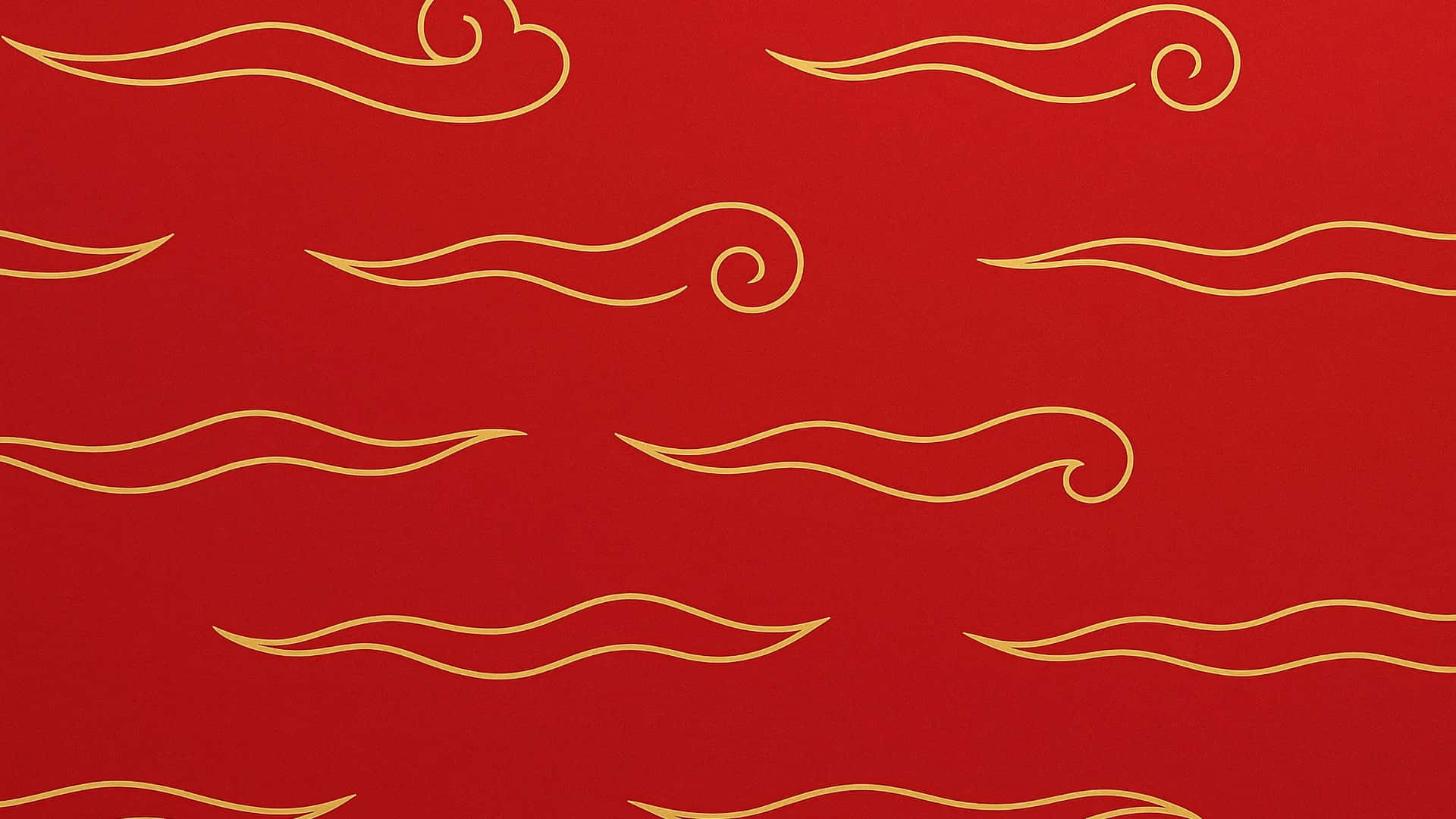  壁紙 — 鮮豔的紅色牆紙，飾有優雅的金色旋轉雲紋重複圖案。
