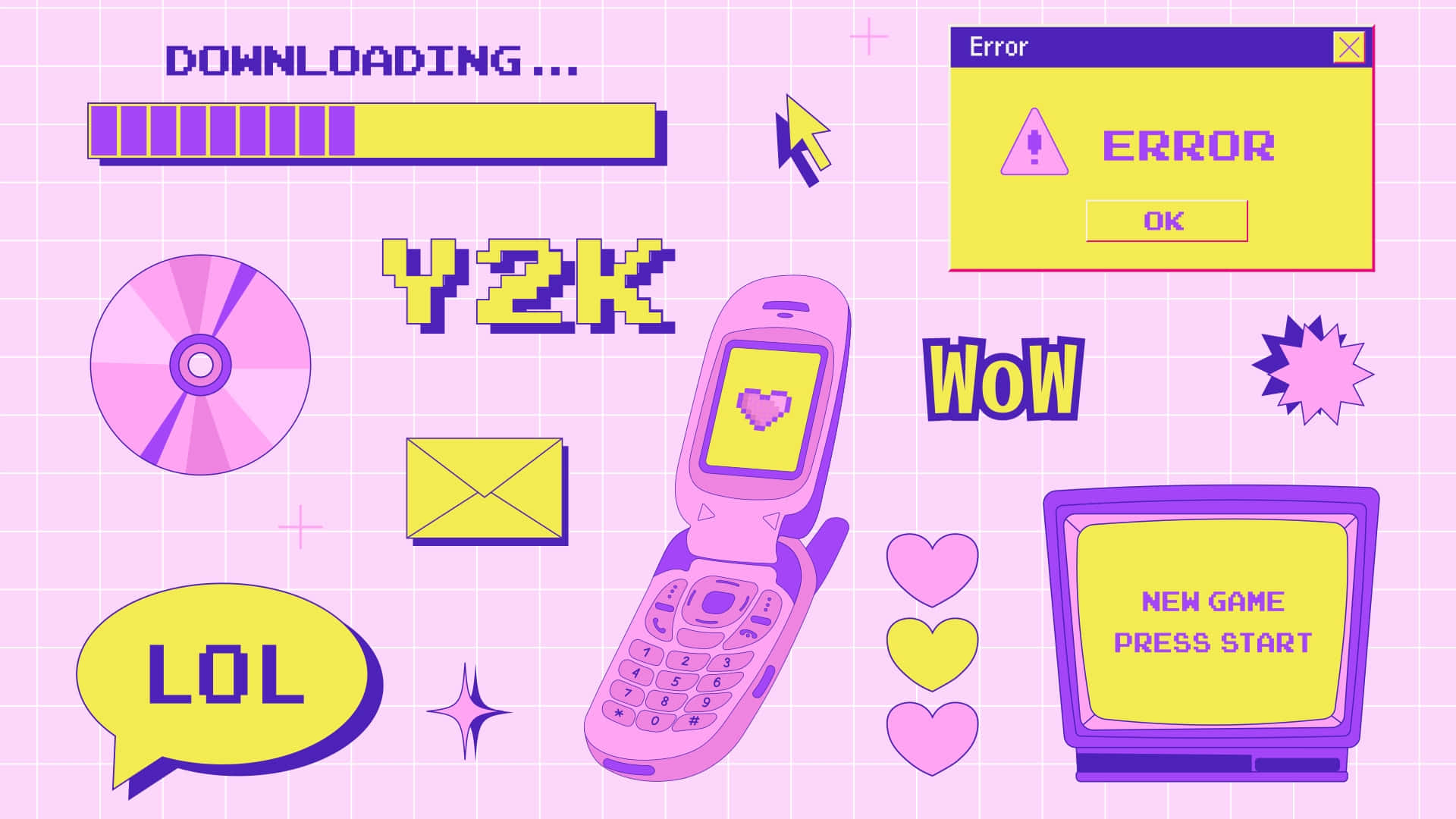 帶有粉紅色手機錯誤訊息和遊戲元素的復古數位拼貼畫。 — Technoblade GIF 壁紙