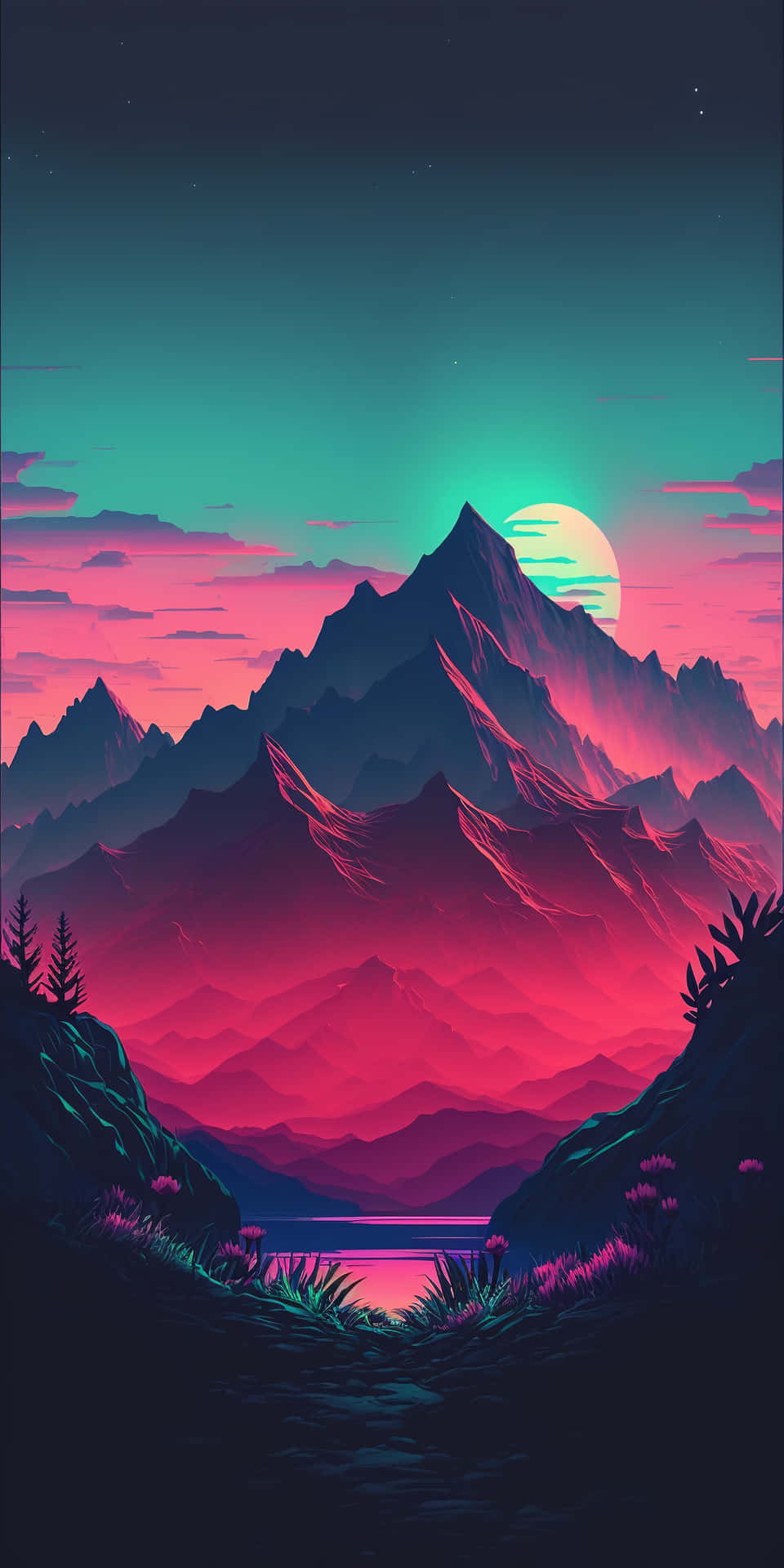 壁紙 — 充滿活力的復古未來主義山脈在霓虹粉紅和青綠色的日落及發光的月亮下閃耀。