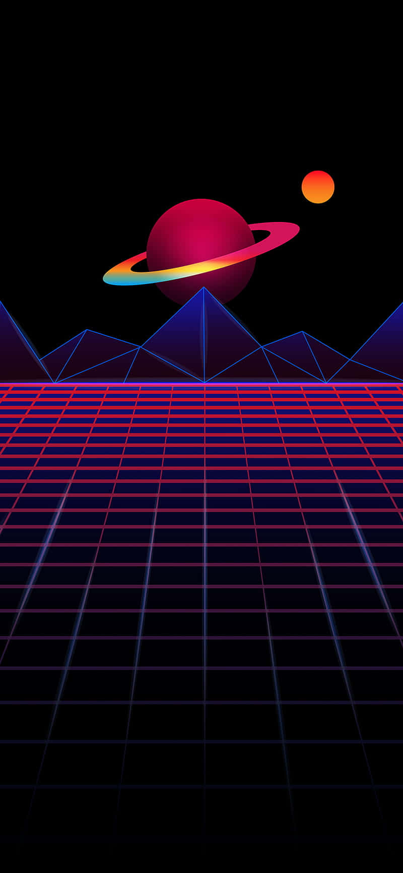  壁紙 — 充滿活力的復古未來場景，發光的網格山脈和彩虹環行星，背景是黑色虛空。