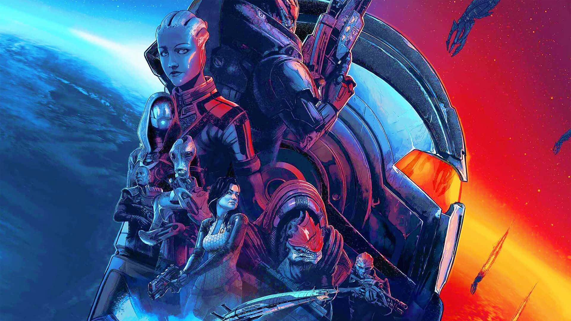 Mass Effect Samara 桌布 壁紙 — 一幅充滿活力的科幻插圖，描繪了各種外星人和人類角色穿著未來主義盔甲，站在太空船前，背景是藍色和紅色星雲的宇宙。