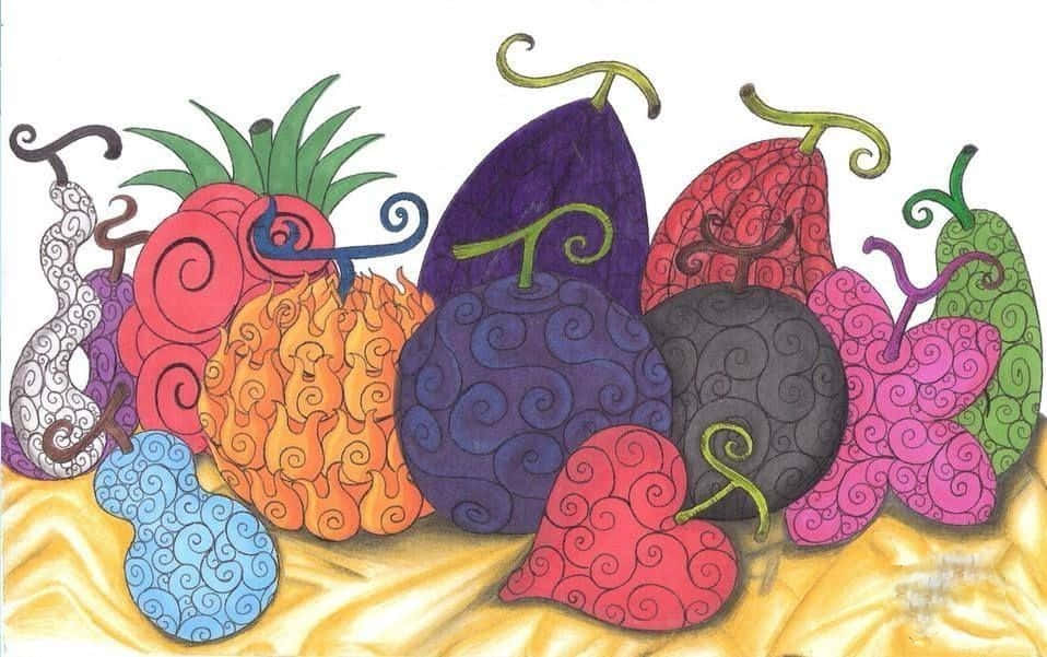 金色布料上帶有漩渦圖案的彩色插圖水果。