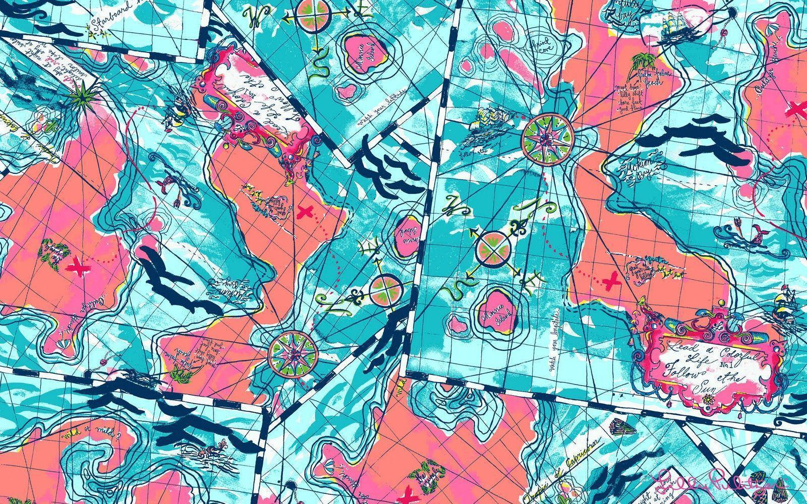 復古奇幻地圖，帶有珊瑚和綠松石色陸地以及裝飾性指南玫瑰。