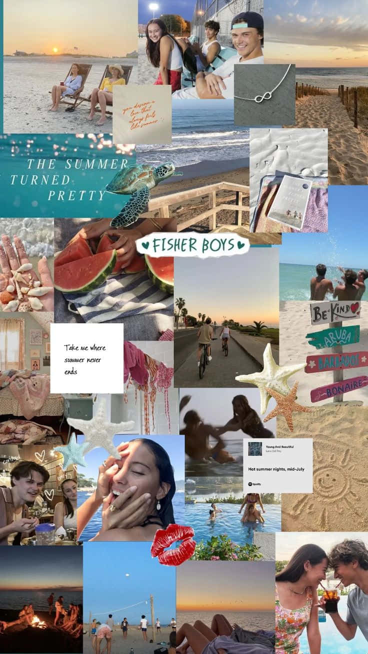  壁紙 — 充滿活力的夏日海灘拼貼畫，包含日落、海洋游泳以及與朋友和親人共度的歡樂時光。