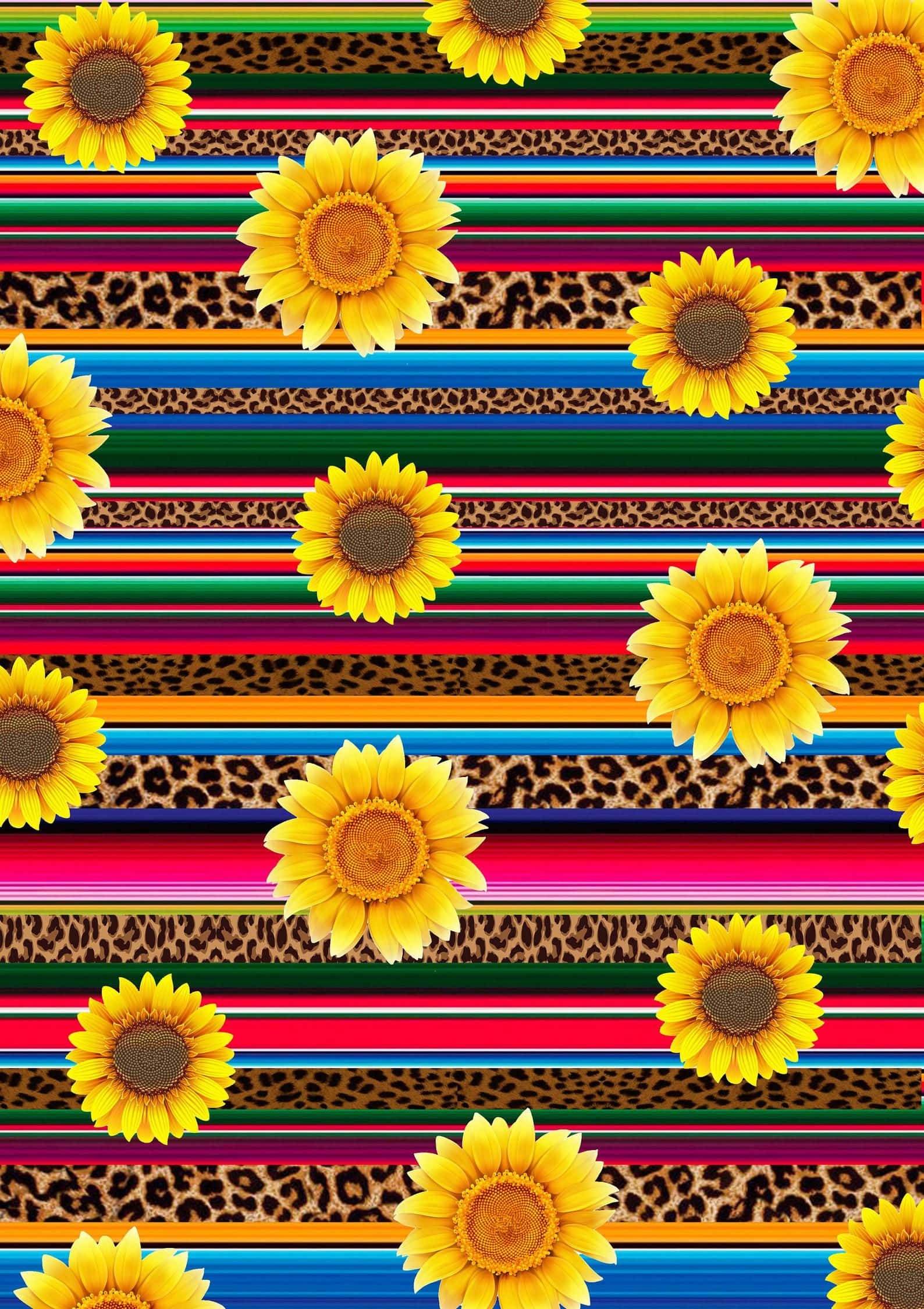 Serape 桌布 壁紙 — 鮮豔的向日葵在豹紋和彩虹色調的醒目條紋上綻放，形成生動的圖案設計。