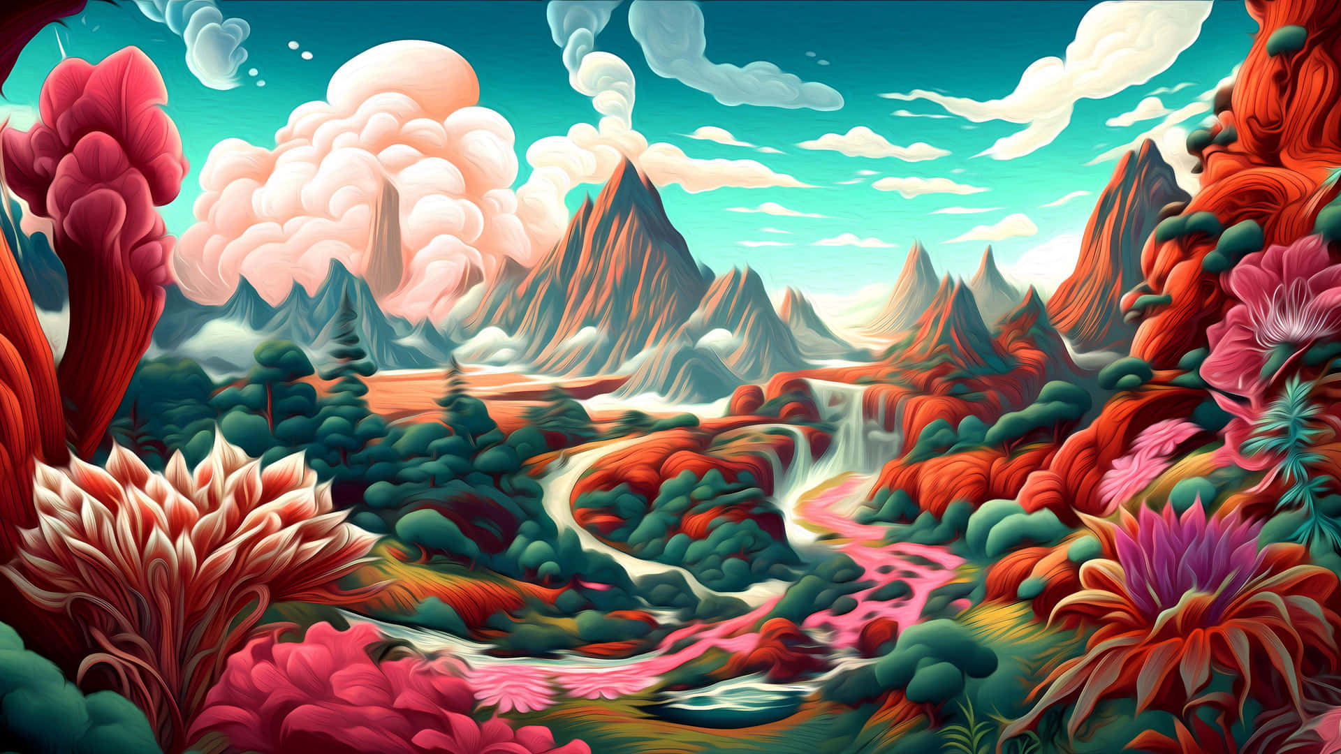  壁紙 — 充滿活力的超現實景觀，粉紅色的河流流經山脈，在藍綠色天空下有著超大的彩色植物。