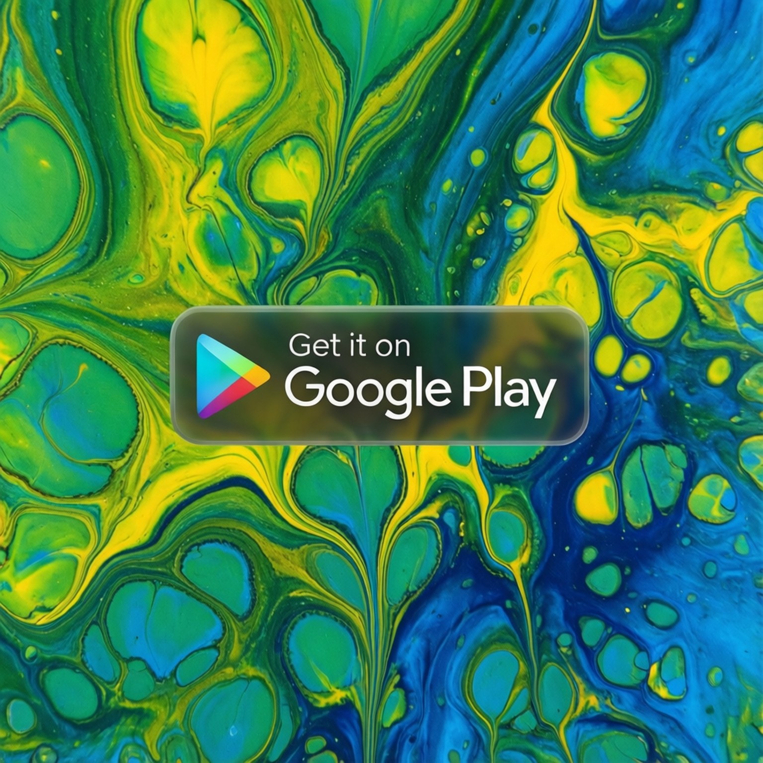 流動藝術徽章 壁紙 — 藍、綠、黃色鮮豔旋轉抽象圖案，中央有Google Play按鈕。