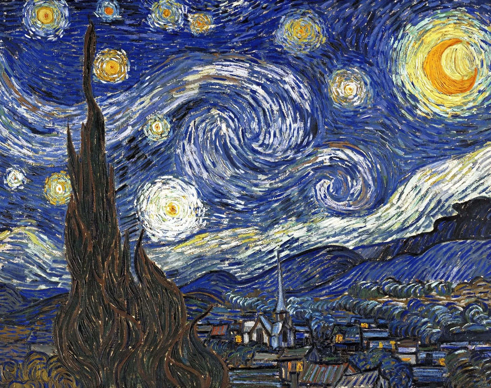 扭曲的柏樹襯托著村莊上空旋轉的星空。