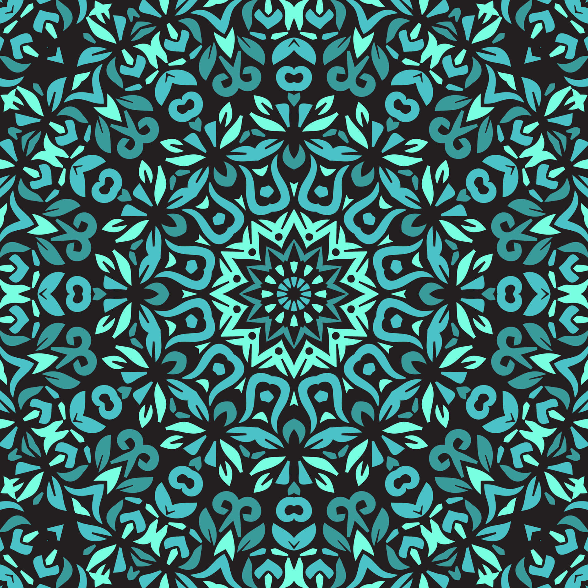 Tile 桌布 壁紙 — 充滿活力的青綠色花卉曼陀羅圖案在深色背景上散發對稱性，形成無縫重複的設計。