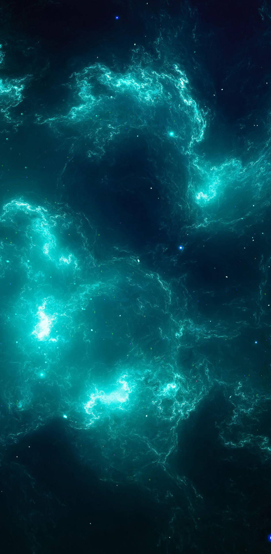 深空中發光的青綠色星雲雲團，散佈著星星。 — 星雲 壁紙
