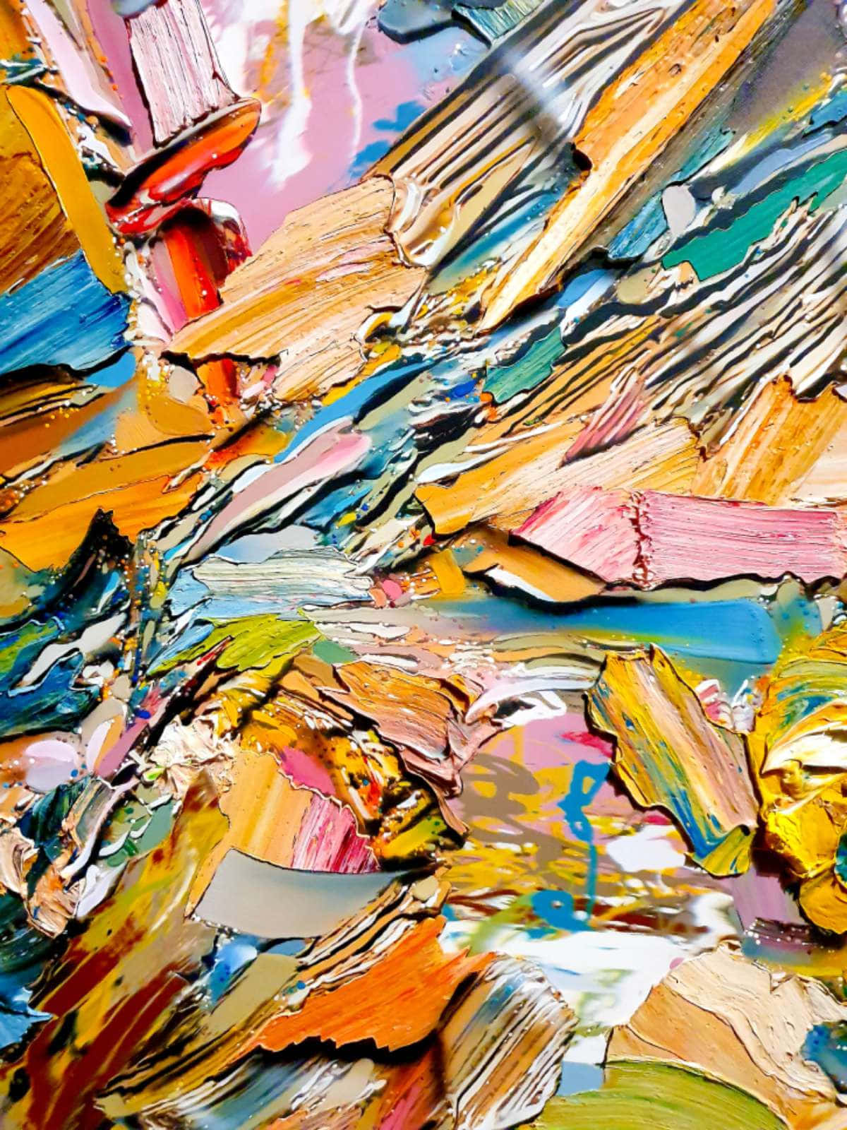 Paint Art 桌布 壁紙 — 充滿活力的厚紋理抽象畫，帶有橙色、粉紅色、藍色和黃色的大膽筆觸。