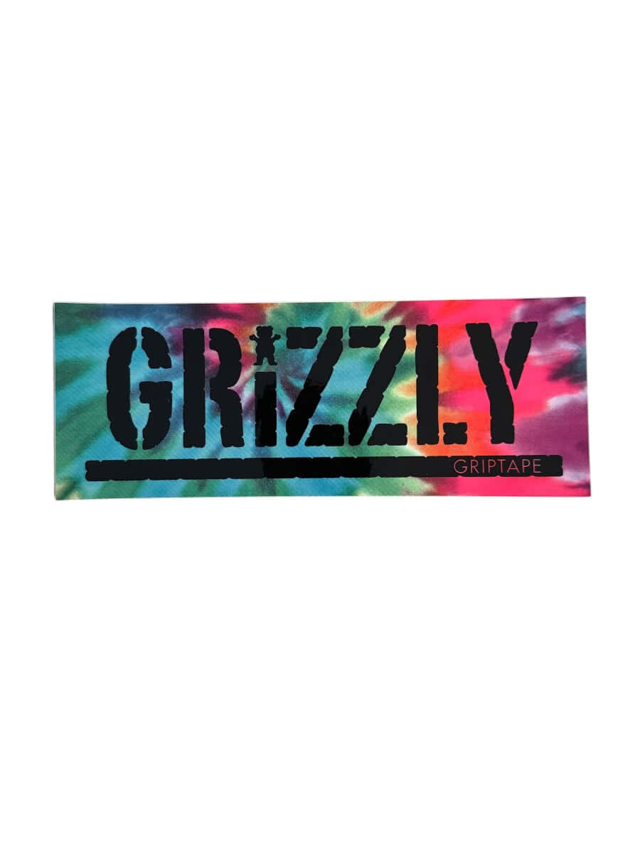  壁紙 — 充滿活力的紮染砂紙貼紙，帶有粗體黑色「GRIZZLY」文字，以及「i」上方的小型滑板手剪影。