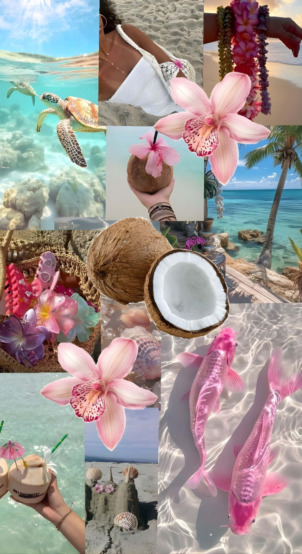  壁紙 — 充滿活力的熱帶拼貼畫，以粉紅蘭花、椰子飲品、海龜和錦鯉為特色，背景是陽光普照的海灘和珊瑚礁。