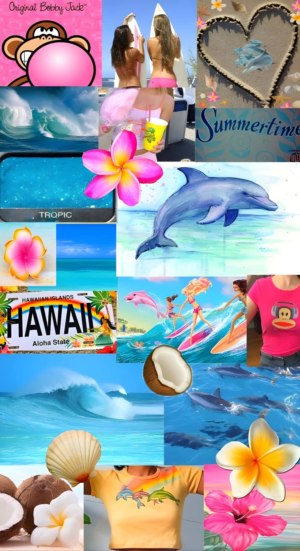  壁紙 — 充滿活力的熱帶拼貼畫，以衝浪者、海豚、雞蛋花和夏威夷車牌為特色，背景是海浪和沙灘。