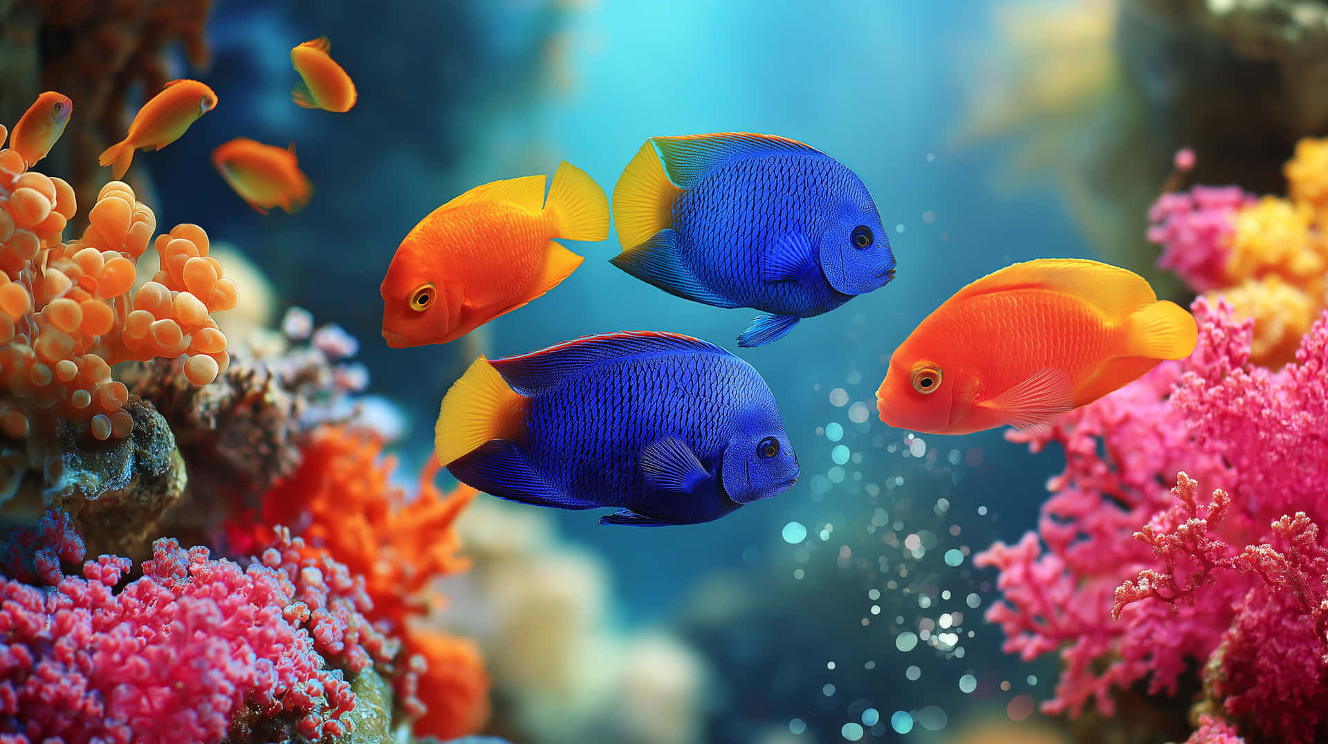 色彩繽紛的熱帶魚在清澈的藍色海水中，在明亮的珊瑚間游動，陽光穿透水面。