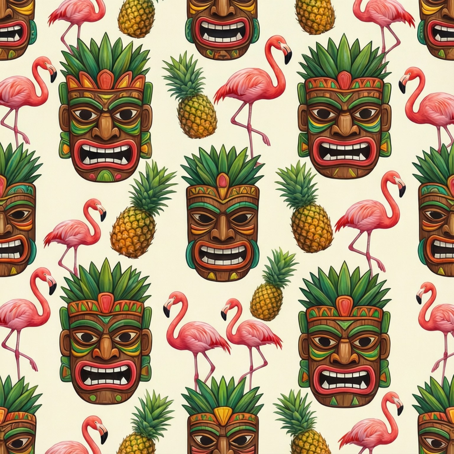 Tiki 桌布 壁紙 — 充滿活力的熱帶圖案，粉紅色火烈鳥、菠蘿和色彩繽紛的蒂基面具在奶油色背景上重複出現。
