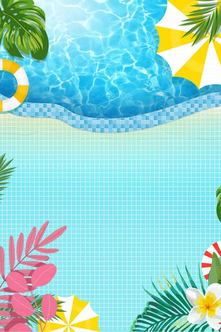  壁紙 — 充滿活力的熱帶泳池場景，清澈的藍色海水被棕櫚葉和彩色雨傘環繞。