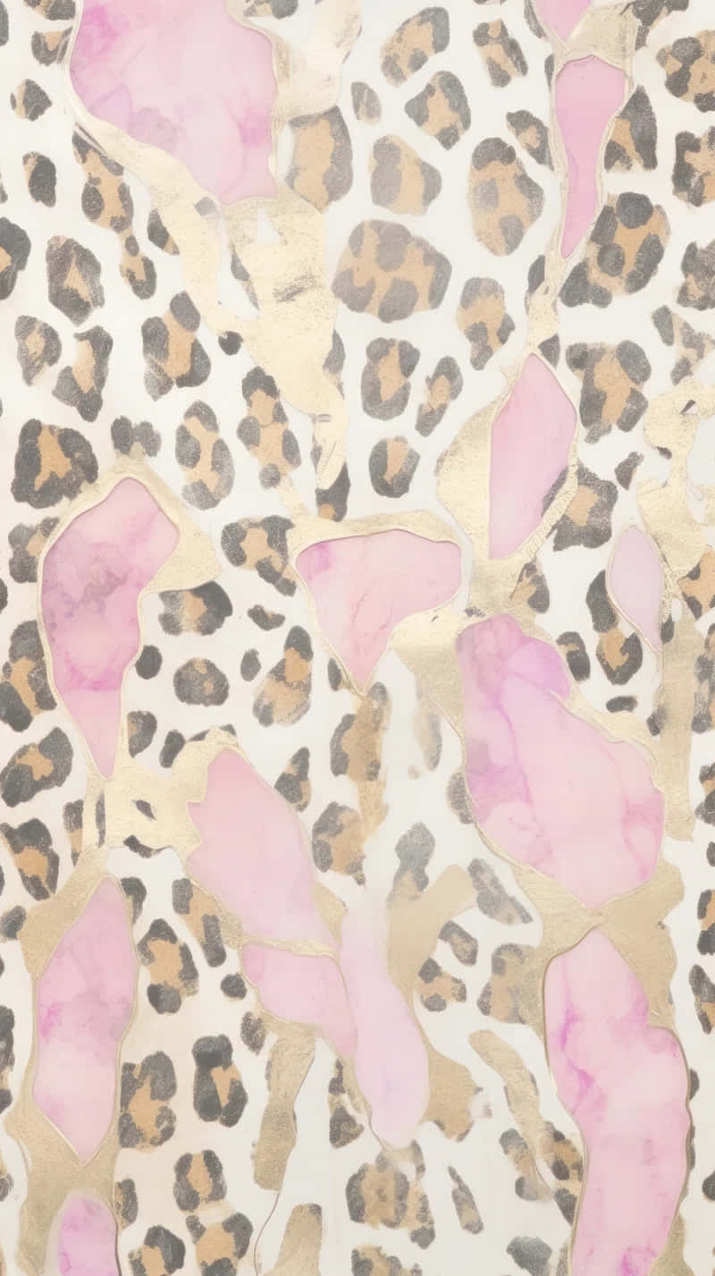 Cheetah Print Aesthetic 桌布 壁紙 — 充滿活力的牆紙，在奶油色背景上，豹紋圖案上疊加粉紅色水彩斑點。