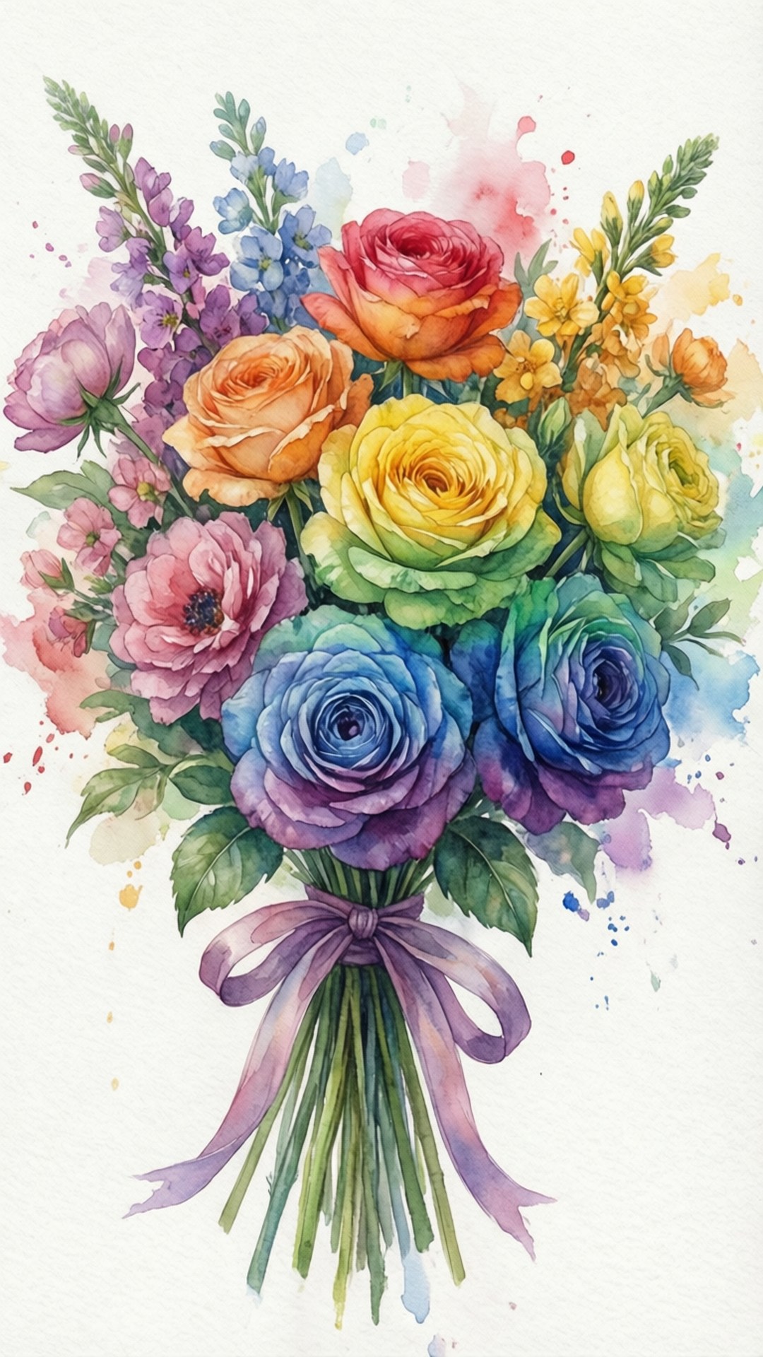 女同性戀旗 桌布 壁紙 — 一束充滿活力的水彩彩虹色玫瑰和野花花束，用紫色絲帶綁著，背景是濺灑的白色。