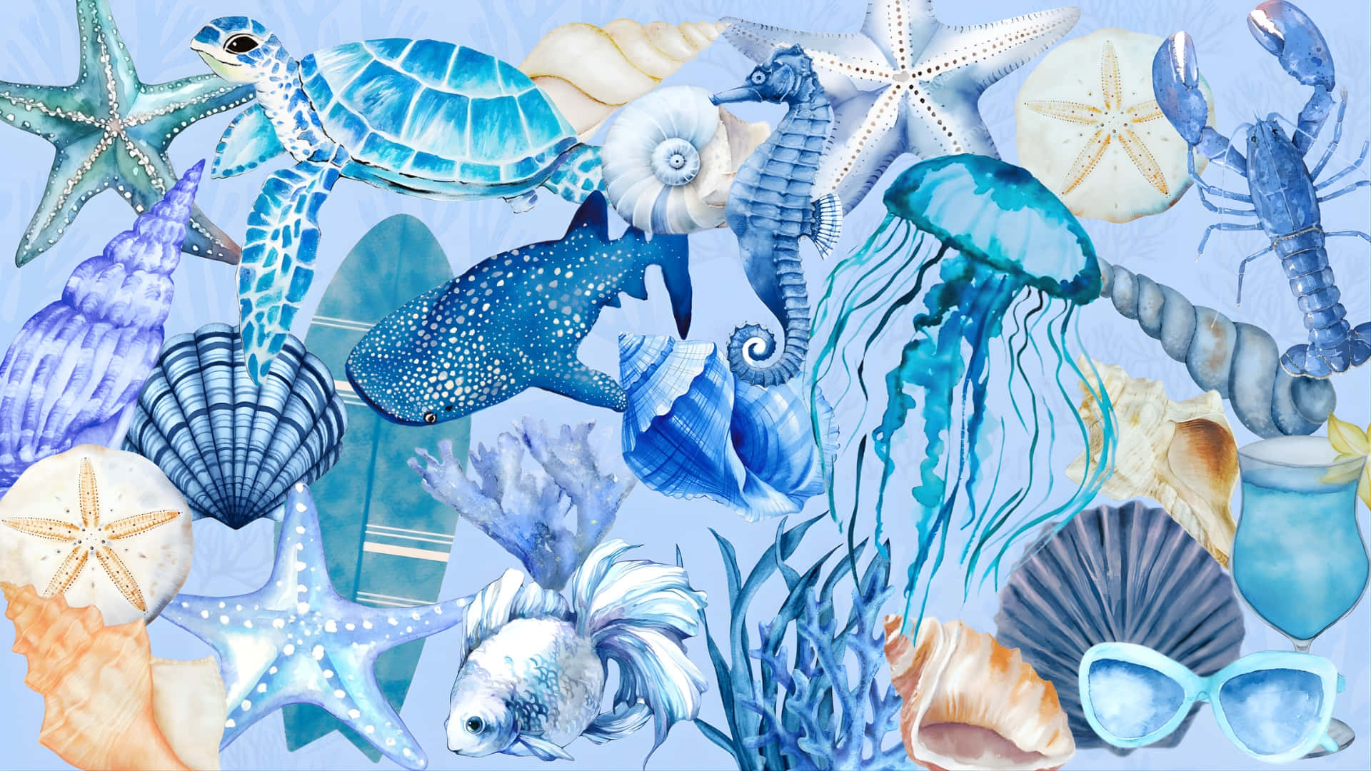  壁紙 — 一幅充滿活力的海洋生物水彩拼貼畫，包括海龜、海馬、水母和貝殼，以藍色和白色調呈現。