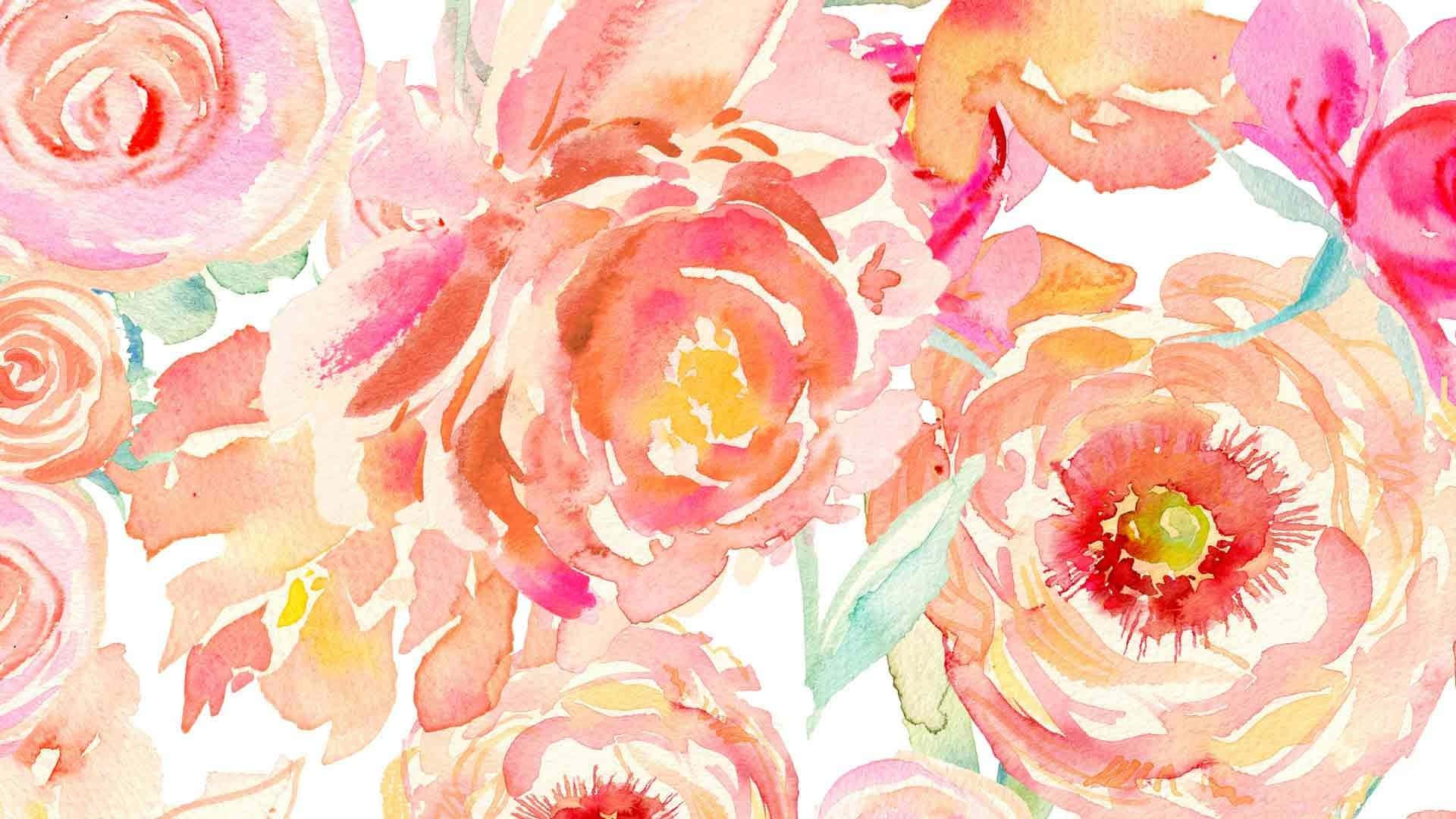 牡丹 桌布 壁紙 — 鮮豔的水彩花卉以柔和的粉紅、橙和黃色在潔白背景上綻放。