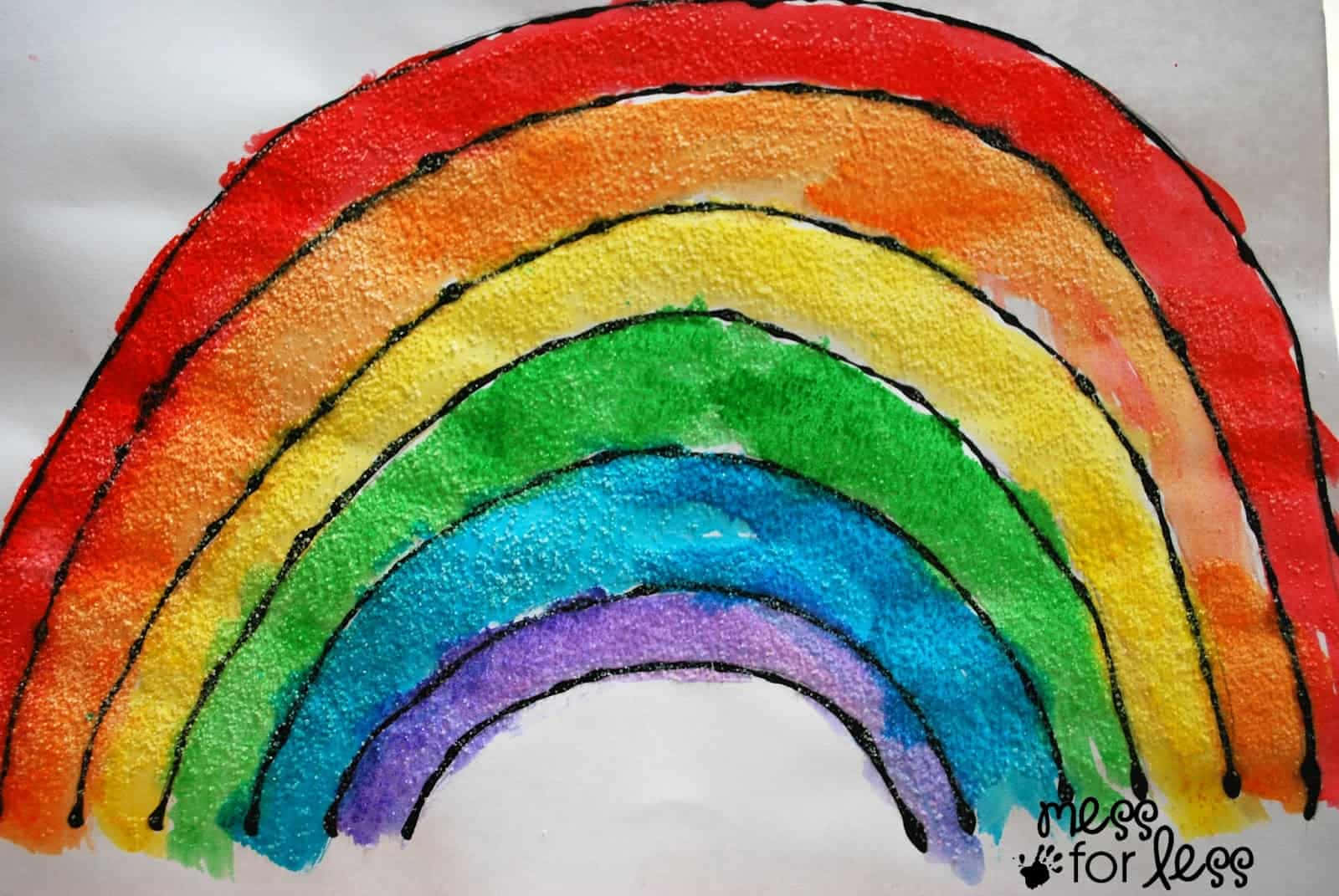 Rainbow Art 桌布 壁紙 — 一道充滿活力的水彩彩虹，帶有粗黑輪廓，在白色紙張上拱起，展示紅色、橙色、黃色、綠色、藍色和紫色條帶。