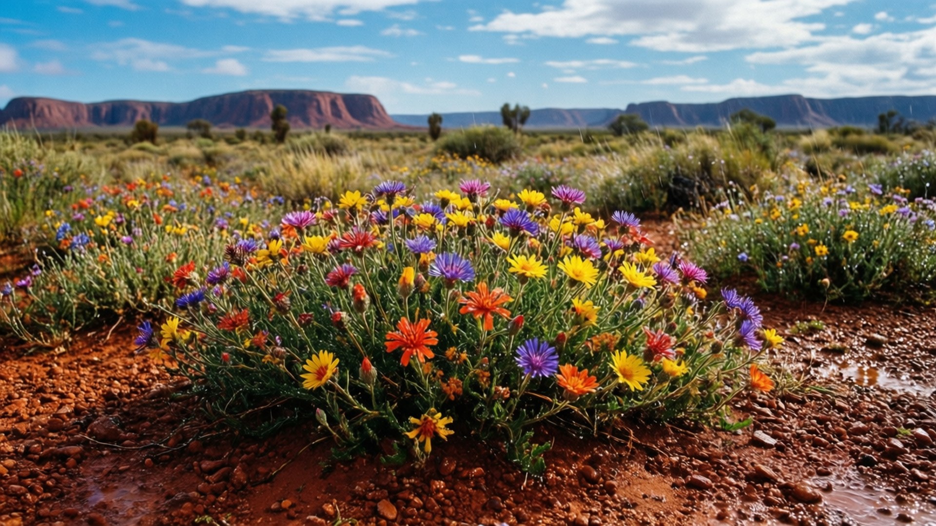 Outback Wildflowers 壁紙 — 鮮豔的野花在藍天下、遠處有岩石地貌的紅土田野中盛開。