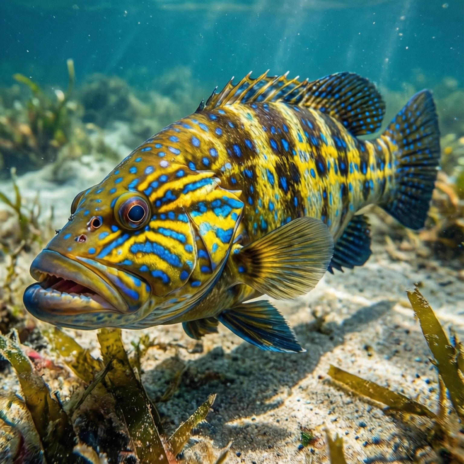 色彩繽紛的斑點魚在沙質海床和綠色海草附近游動。