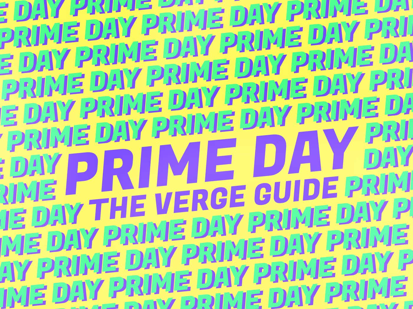  壁紙 — 充滿活力的黃色背景，重複著粗體紫色和青綠色的「PRIME DAY」文字，打造高能量促銷圖形。
