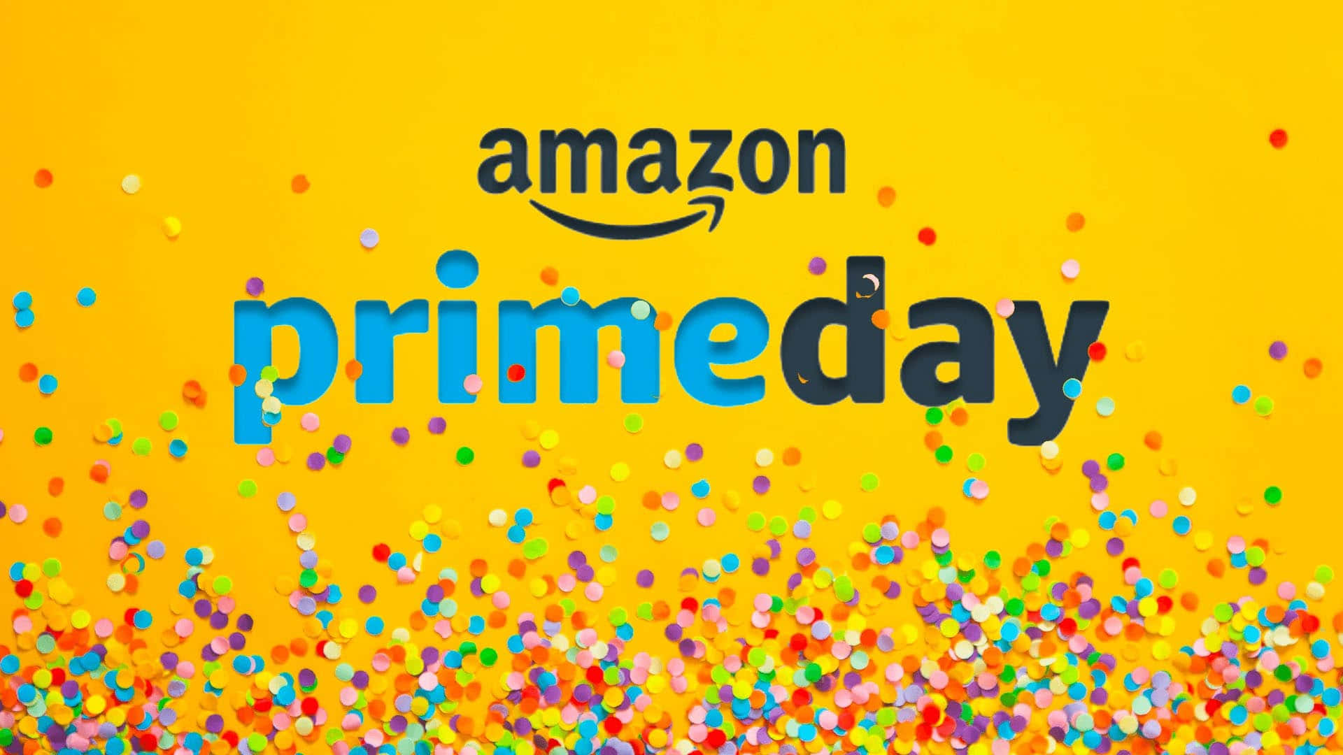  壁紙 — 鮮黃色背景，色彩繽紛的紙屑圍繞著粗體的Amazon Prime Day文字飄落。