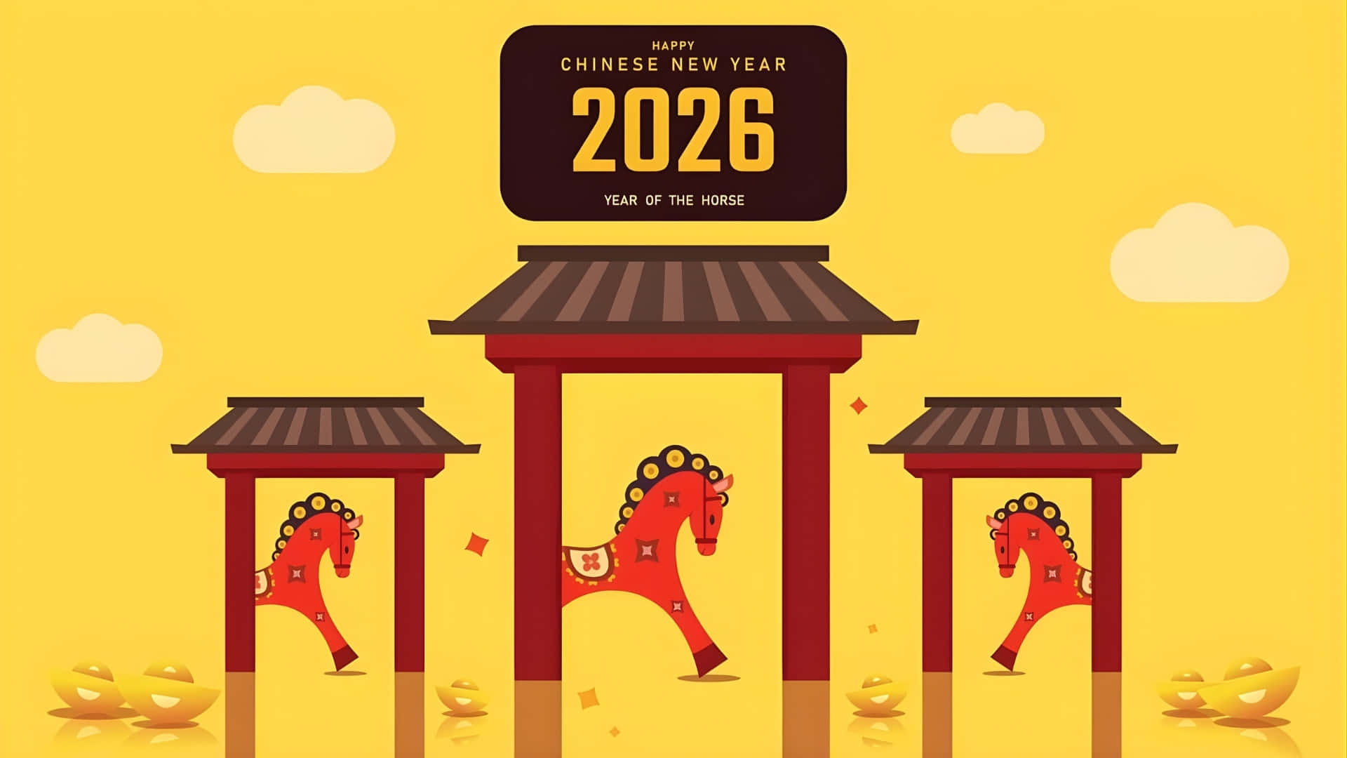  壁紙 — 充滿活力的黃色背景，帶有紅色傳統大門和風格化的馬匹，慶祝2026年農曆新年。