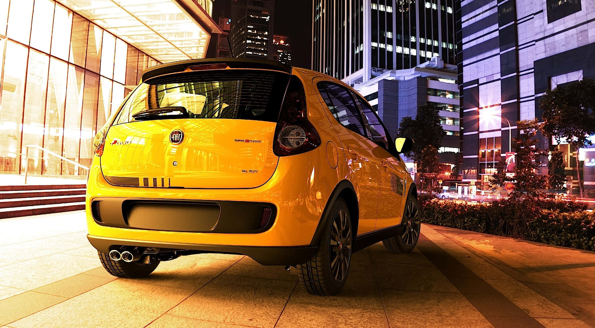 Fiat Palio 桌布 壁紙 — 一輛鮮黃色的Fiat Punto在夜間停泊在城市行人路上，背景有發光的摩天大樓和街燈。